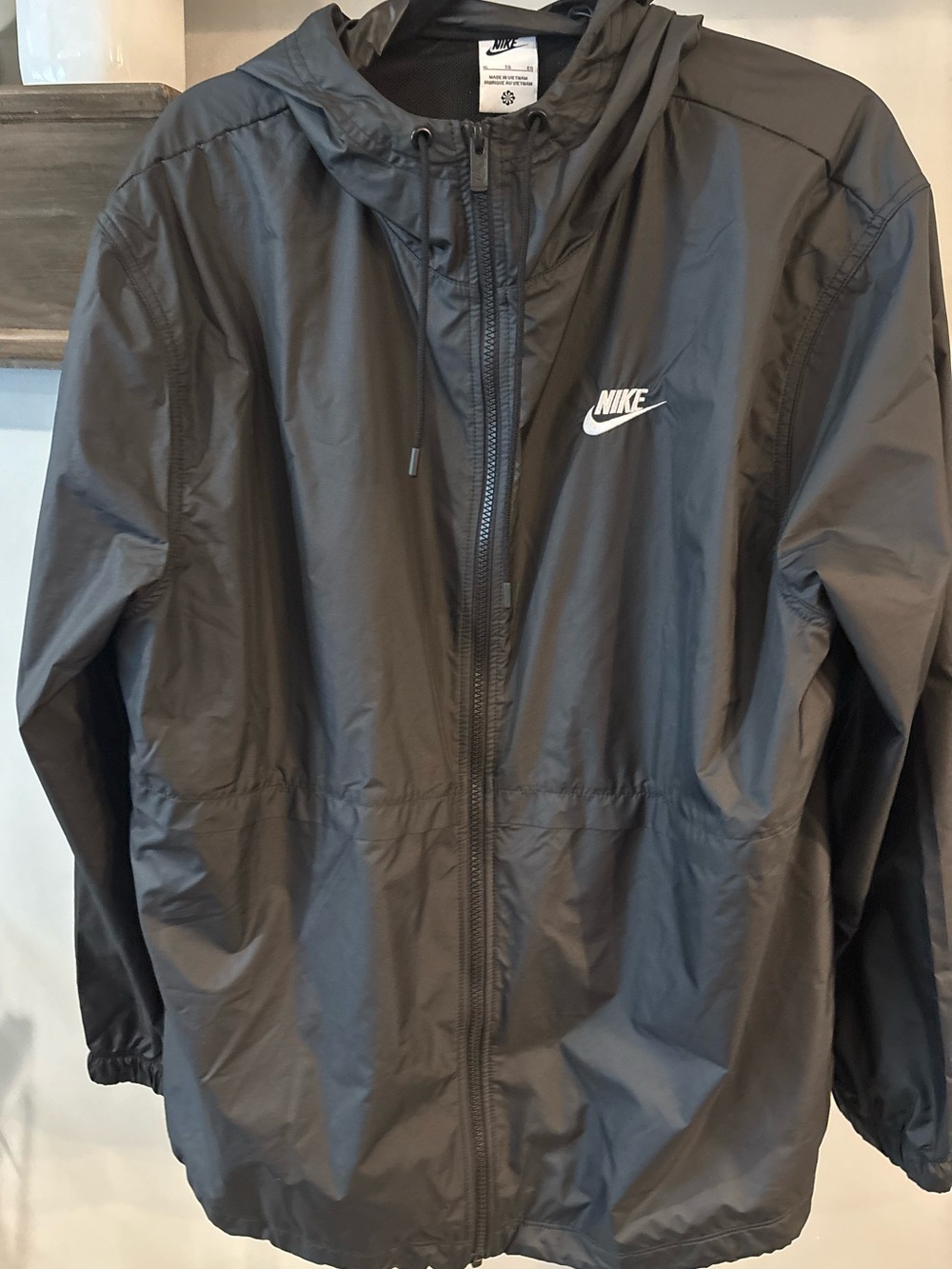 Nike Black Hooded Windbreaker Jacket with White Swoosh or raincoat - XL UNISEX